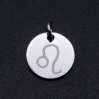 201 Stainless Steel Charms, Twelve Constellations, with Jump Rings, Flat Round, Leo, 12x1mm, Hole: 3.5mm