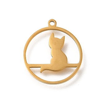 304 Stainless Steel Pendants, Laser Cut, Ring with Cat Charm, Real 18K Gold Plated, 17.5x15.5x1mm, Hole: 1.2mm