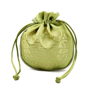 Chinese Style Cloth Pouches Drawstring Bags for Jewelry Storage, Half Round, Yellow Green, 11x11cm