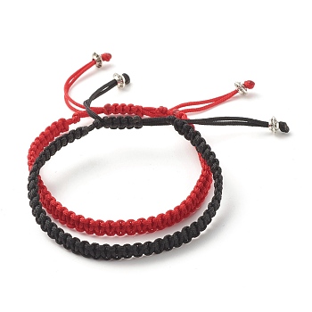 6mm Nylon Cord Braided Bead Bracelets Set, Tibetan Style Alloy Beads Bracelets for Women, Mixed Color, Inner Diameter: 2-1/4 inch(5.6~8.1cm), 2pcs/set