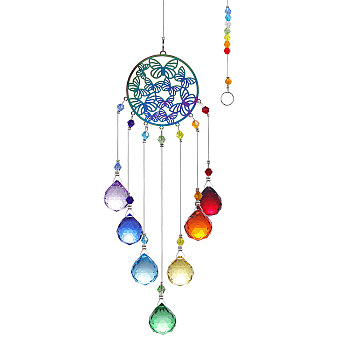 Crystal Teardrop Glass Chandelier Suncatchers Prisms, Chakra Woven Net/Web with Feather Sun Catcher Hanging Butterfly Ornament with Iron Chain, Colorful, 430x55mm