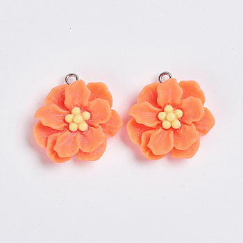 Imitation Jelly Resin Pendants, with Platinum Plated Iron Loops, Flower, Coral, 26.5x26x7mm, Hole: 2mm