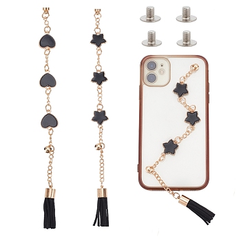 WADORN 2 Sets 2 Style Enamel Star/Heart Link Chain Phone Case Chain Strap, with Iron Screw Nuts and Screws, Tassel, Anti-Slip Phone Finger Strap, Phone Grip Holder for DIY Phone Case Decoration, Mixed Patterns, 17.3~17.5x0.45cm, 1 set/style