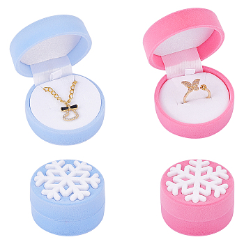 CHGCRAFT 4Pcs 2 Colors Velvet Jewelry Packing Boxes, Flat Round with Snowflake Pattern, Mixed Color, 5.4x3.25cm, 2pcs/color