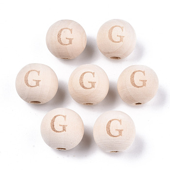 Unfinished Natural Wood European Beads, Large Hole Beads, Laser Engraved Pattern, Round with Word, Letter.G, 15~16x14~15mm, Hole: 4mm