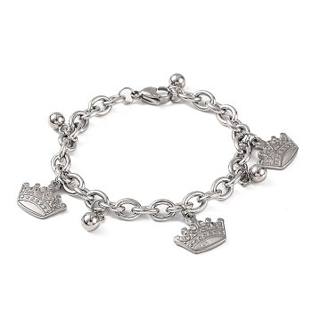 Tarnish Resistant 304 Stainless Steel Crown Charm Bracelets, with 201 Stainless Steeel Findings, Stainless Steel Color, 7-1/2 inch(18.9cm)