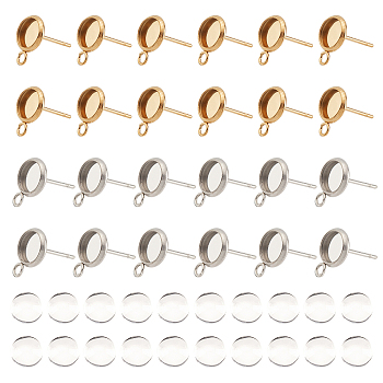 AHADERMAKER 40Pcs 2 Color Ion Plating(IP) 304 Stainless Steel Stud Earring Settings, with Loop, Flat Round, with 40Pcs Transparent Glass Cabochons, Golden & Stainless Steel Color, Tray: 6mm, 11x8x1.5mm, Hole: 1.8mm, Pin: 0.8mm, 20pcs/color