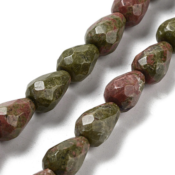 Natural Unakite Beads Strands, Faceted Teardrop, 10x7mm, Hole: 1.2mm, about 20pcs/strand, 7.87''(20cm)