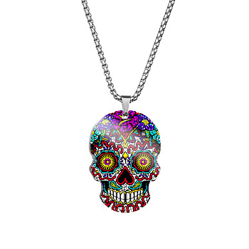 Stainless Steel Skull with Flower Pendant Necklaces, Halloween Jewelry for Women, Yellow, 23.62 inch(60cm)