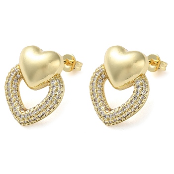 Heart Brass Micro Pave Clear Cubic Zirconia Stud Earrings, Long-Lasting Plated, Lead Free & Cadmium Free, Real 18K Gold Plated, 17.5x15mm