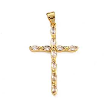 Brass Micro Pave Clear Cubic Zirconia Pendants, Cross, Real 18K Gold Plated, 34x21.5x2.5mm, Hole: 4x3mm