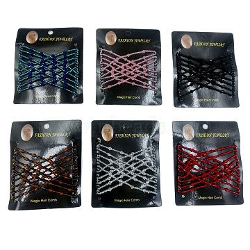 Iron Hair Bun Makers, Stretch Double Hair Combs, with Glass seed beads, Mixed Color, 90x80mm(OHAR-Q095-M)