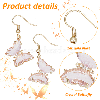 4 Pairs 4 Colors Real 14K Gold Plated Cubic Zirconia Butterfly Dangle Earrings(EJEW-AN0003-82)-3