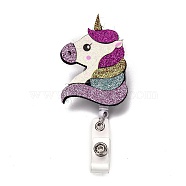 Unicorn Glitter Powder Felt & ABS Plastic Badge Reel, Retractable Badge Holder, with Iron Alligator Clip, Platinum, Violet, 11.1cm, Unicorn: 72x45x24.5mm(AJEW-I053-38)