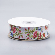 Single Face Printed Polyester Grosgrain Ribbons, Flower Pattern, Olive, 1 inch(25mm), about 20yards/roll(SRIB-N002-D05)