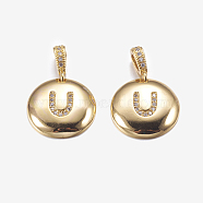 Brass Pendants, with Cubic Zirconia, Cadmium Free & Lead Free, Flat Round with Letter, Golden, Letter.U, 22mm, Hole: 2x3mm, Pendant: 15x3mm(KK-K194-U-G-RS)