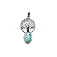 Synthetic Turquoise Teardrop Pendants, Tree of Life Charms with Platinum Plated Metal Findings, 49x26mm(FIND-PW0025-07P-22)