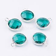 Silver Color Plated Brass Glass Flat Round Charms, Faceted, Dark Cyan, 12x8.5x3mm, Hole: 1.5mm(GLAA-M003-A-28S)
