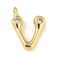Rack Plating Brass Micro Pave Cubic Zirconia Pendants, Cadmium Free & Lead Free, Long-Lasting Plated, Real 18K Gold Plated, Letter V, 22x16x5mm, Hole: 2.8mm(KK-A200-24G-V)