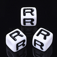 Acrylic Horizontal Hole Letter Beads, Cube, Letter R, White, Size: about 7mm wide, 7mm long, 7mm high, hole: 3.5mm, about 172pcs/43g(X-PL37C9129-R)