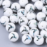 Christmas Opaque Glass Beads, Round with Electroplate Elk Christmas Reindeer/Stag Pattern, Green Plated, 10mm, Hole: 1.2mm(EGLA-R113-03E)