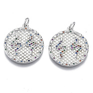 Brass Micro Pave Cubic Zirconia Pendants, Textured, with Jump Rings, Nickel Free, Flat Round with Double Snakes, Colorful, Real Platinum Plated, 23x20x2mm, Jump Ring: 5x0.6mm, inner diameter: 3mm(ZIRC-S061-171P-NF)