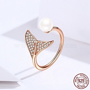 Adjustable 925 Sterling Silver Finger Rings, with Cubic Zirconia and Shell Pearl, with 925 Stamp, Mermaid Tail Shape, Clear, Rose Gold, 1.5mm(RJEW-FF0009-07AS)