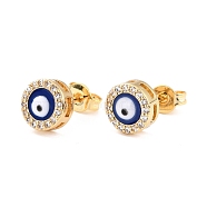 Blue Evil Eye Brass Stud Earrings, Cubic Zirconia Earrings for Girl Women, Real 18K Gold Plated, 8mm, Pin: 0.7mm(ZIRC-Z017-01G)