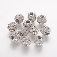 Brass Beads, with Grade A Rhinestone, Rondelle, Platinum, Crystal, 12x10mm, Hole: 4mm(RB-K050-12mm-A03)