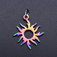 Ion Plating(IP) 304 Stainless Steel Solar Eclipse Pendants, with Jump Rings, Sun, Rainbow Color, 18x16x1mm, Jump Ring: 5x0.8mm, Inner Diameter: 3mm(STAS-S105-JN158)