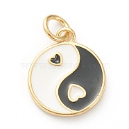 Brass Enamel Pendants, Long-Lasting Plated, Real 18K Gold Plated, Flat Round with Heart, Black, 14x11.5x2mm, Hole: 3mm(KK-P200-11A-G)