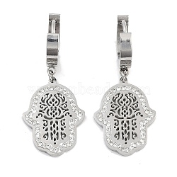 Hollow Hamsa Hand 304 Stainless Steel Dangle Earrings, Crystal Rhinestone Hoop Earrings for Women, Stainless Steel Color, 37x16mm(EJEW-L283-063P)