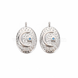 Brass Micro Pave Cubic Zirconia Pendants, Nickel Free, Oval with Moon & Starl, Real Platinum Plated, 16x9.5x2.5mm, Hole: 1.2mm(KK-S364-276P)