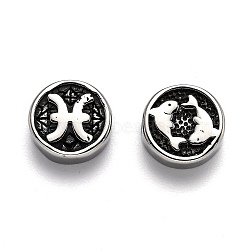 304 Stainless Steel Beads, Flat Round with Twelve Constellations, Antique Silver, Pisces, 10x4mm, Hole: 1.8mm(STAS-H156-01K)