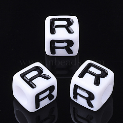 Acrylic Horizontal Hole Letter Beads, Cube, Letter R, White, Size: about 7mm wide, 7mm long, 7mm high, hole: 3.5mm, about 172pcs/43g(X-PL37C9129-R)