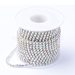 Brass Rhinestone Strass Chains, with Spool, Rhinestone Cup Chains, Silver Color Plated, Crystal AB, 3mm, about 10yards/roll(CHC-T001-SS14-02S)
