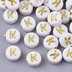 Plating Acrylic Beads, Golden Metal Enlaced, Horizontal Hole, Flat Round with Alphabet, White, Letter.K, 7x3.5mm, Hole: 1.2mm, about 3600pcs/500g(PACR-R242-01K)
