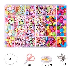 PandaHall Elite DIY Jewelry Making Kits For Children, Acrylic Beads, Lobster Claw Clasps, Crystal Thread, Jump Ring, Ear Nuts/Earring Backs, Scissor, Bead Tips, Rabbit Pendant and Stainless Steel Hair Bands, Mixed Color, 18.5x12.5x2.2cm, about 600pcs/box(DIY-PH0011-01)