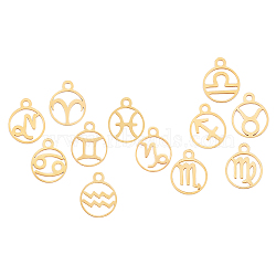 201 Stainless Steel Charms, Flat Round with Constellation, Golden, 13.4x10.8x1mm, Hole: 1.5mm, 12constellations, 1pc/constellation, 12pcs/box(STAS-SC0001-70G)