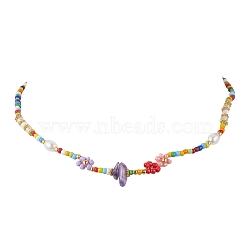 Flower Glass Seed & Pearl Beaded Necklaces, with Amethyst Chip, 14.57 inch(37cm)(NJEW-JN04677-01)