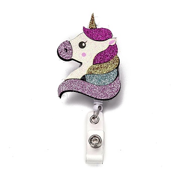Unicorn Glitter Powder Felt & ABS Plastic Badge Reel, Retractable Badge Holder, with Iron Alligator Clip, Platinum, Violet, 11.1cm, Unicorn: 72x45x24.5mm