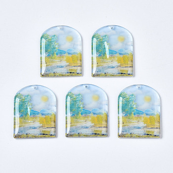 Transparent Printed Acrylic Pendants, Half Oval with Scenery, Colorful, 34x25.5x3.5mm, Hole: 1.2mm