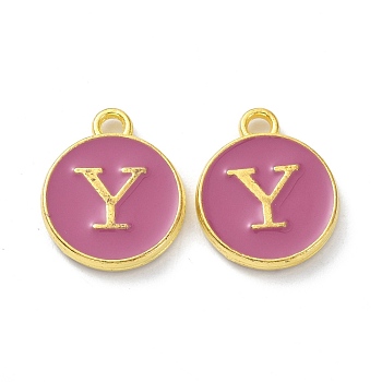 Golden Plated Alloy Enamel Charms, Cadmium Free & Lead Free, Enamelled Sequins, Flamingo, Flat Round with Letter, Letter.Y, 14x12x2mm, Hole: 1.4mm