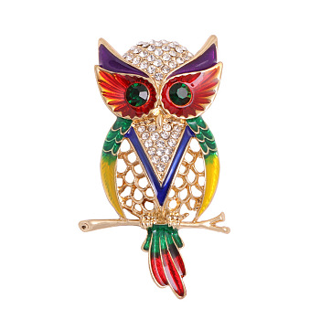 Alloy Resin Rhinestone Safety Brooches, Enamel Pin, Owl, Colorful, 48x25mm