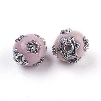 Handmade Indonesia Beads, with Metal Findings, Round, Antique Silver, Lavender Blush, 11~11.5x10.5~11mm, Hole: 1.5mm