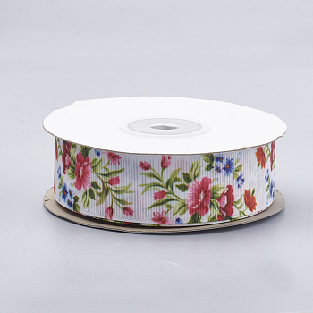 Single Face Printed Polyester Grosgrain Ribbons, Flower Pattern, Olive, 1 inch(25mm), about 20yards/roll