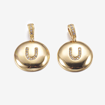Brass Pendants, with Cubic Zirconia, Cadmium Free & Lead Free, Flat Round with Letter, Golden, Letter.U, 22mm, Hole: 2x3mm, Pendant: 15x3mm