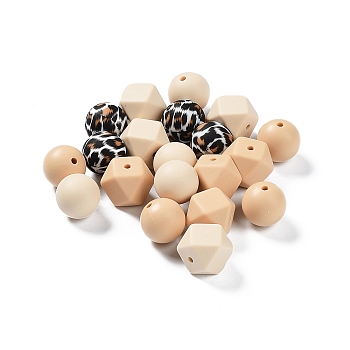 Round/Polygon Food Grade Silicone Focal Beads, Chewing Beads For Teethers, DIY Nursing Necklaces Making, Leopard Print Pattern, PeachPuff, 14~15x15~18x14~15mm, Hole: 2.3~2.5mm, 20pcs/bag