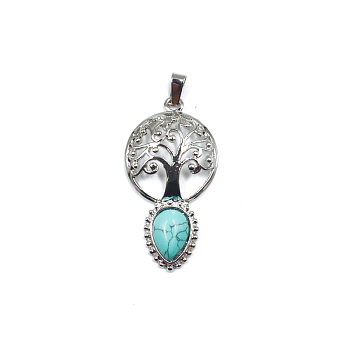 Synthetic Turquoise Teardrop Pendants, Tree of Life Charms with Platinum Plated Metal Findings, 49x26mm
