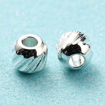 201 Stainless Steel Beads, Round with Twill Pattern, Silver, 4x3.5mm, Hole: 1.5mm